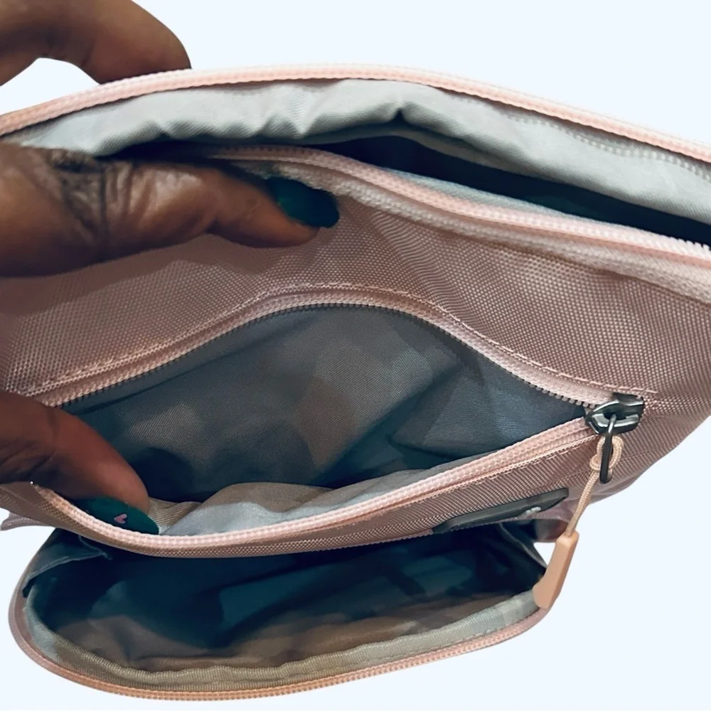 Compact Pink Messenger Bag for Men with Adjustable Gray Strap